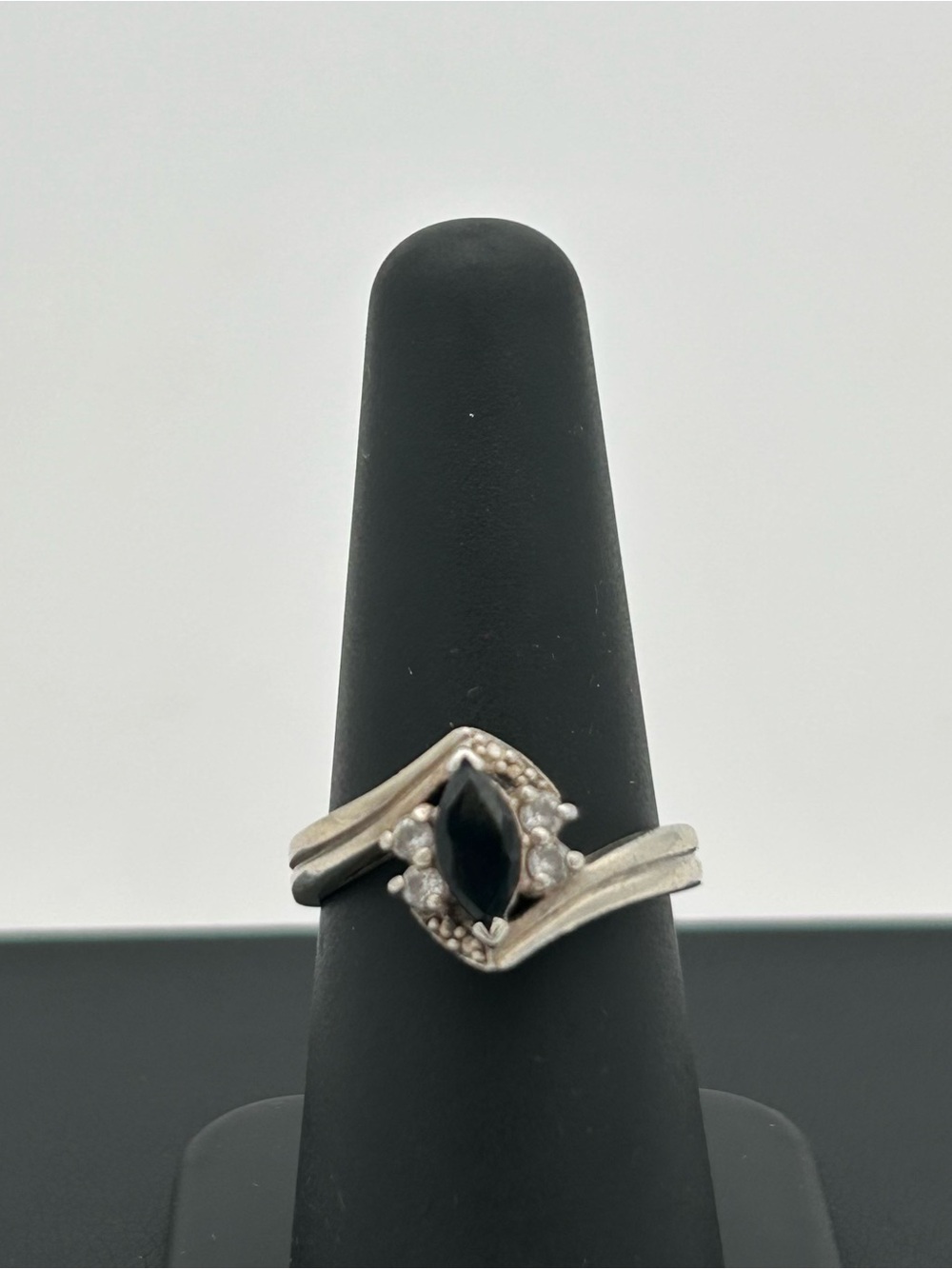 Sterling Silver Black Marquise Bypass Ring with Clear Accent Stones